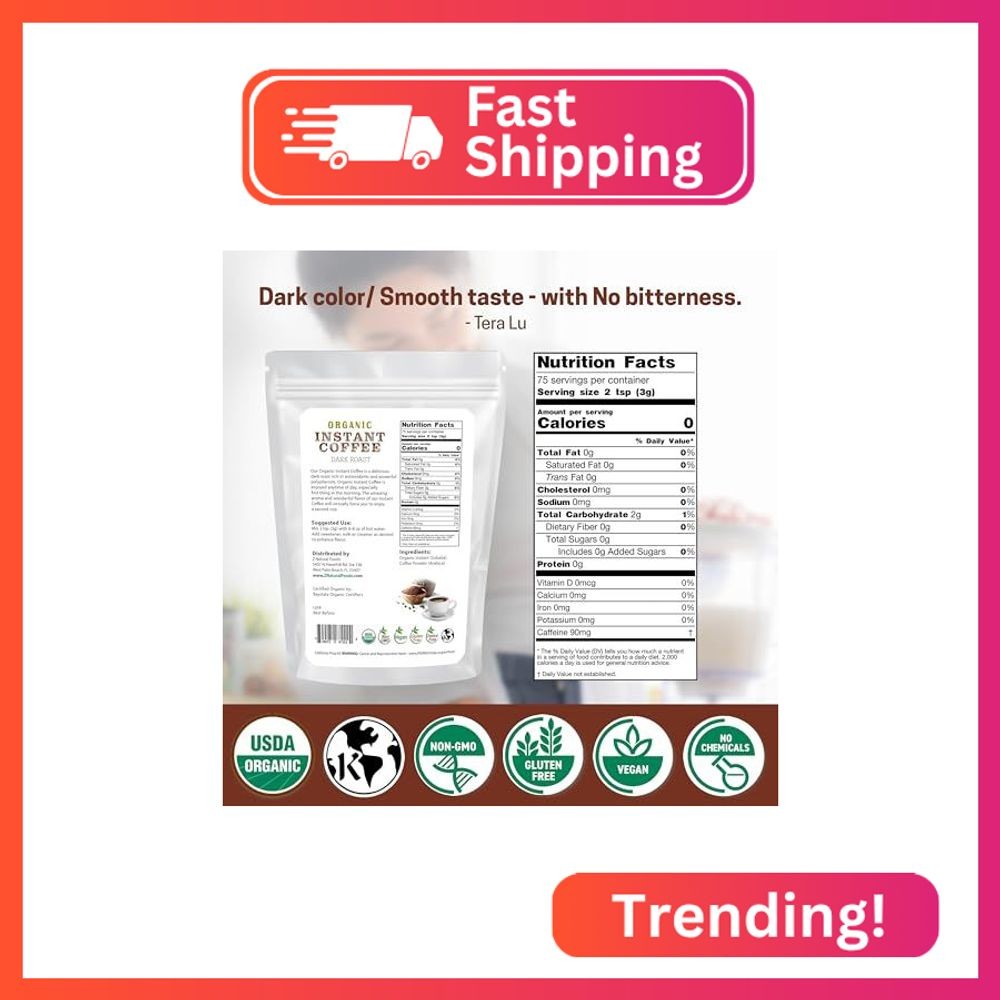 Z Natural Foods Organic Instant Coffee Powder – Rich Dark Roast Flavor, Arabica