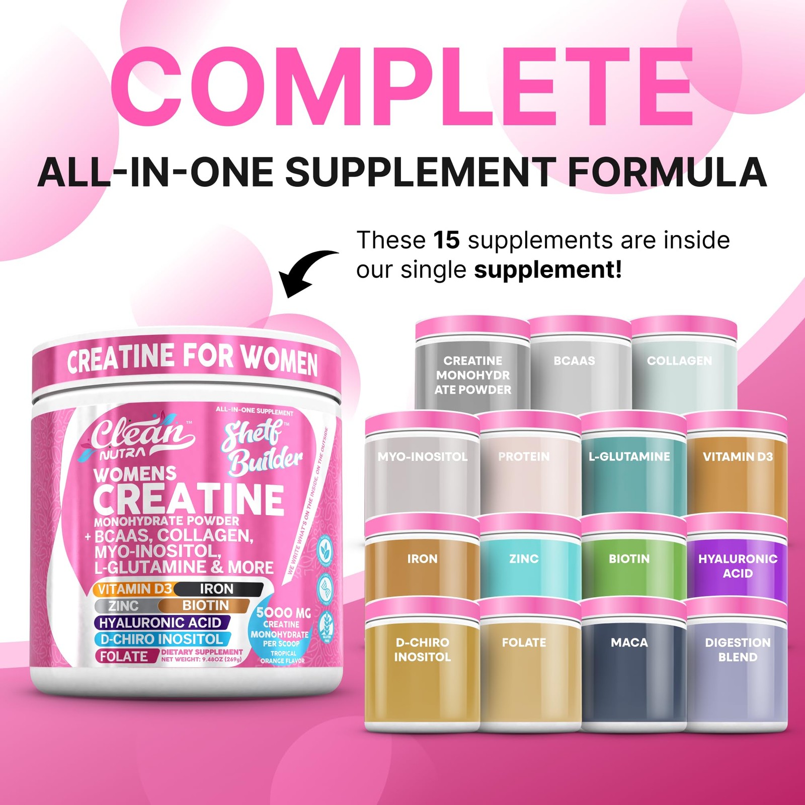 Monohidrato De Creatina Polvo BCAA Colágeno Biotina Ácido Hialurónico Para Mujer