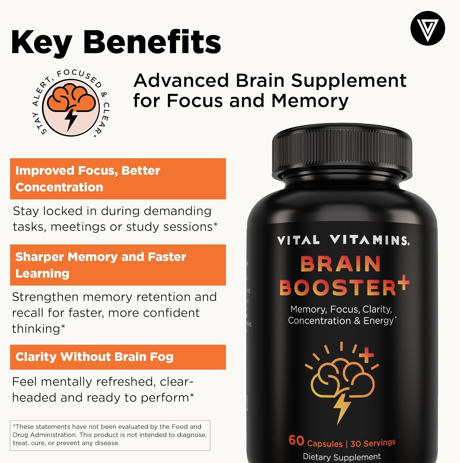 Vital Vitamins Nootropic Brain Supplement Plus – for Memory, Focus, Concentratio
