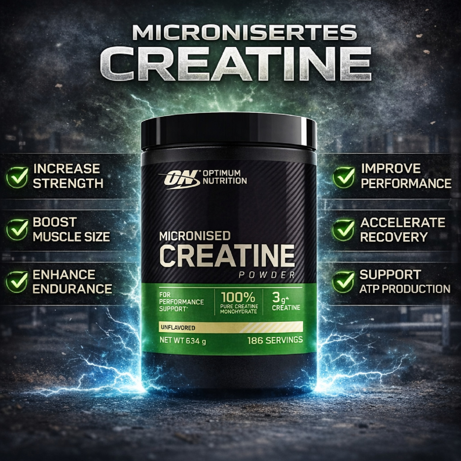 OPTIMUM ON Creatine Powder 100% PURE – 634g – 186 SERVINGS – TOP Muscle growth