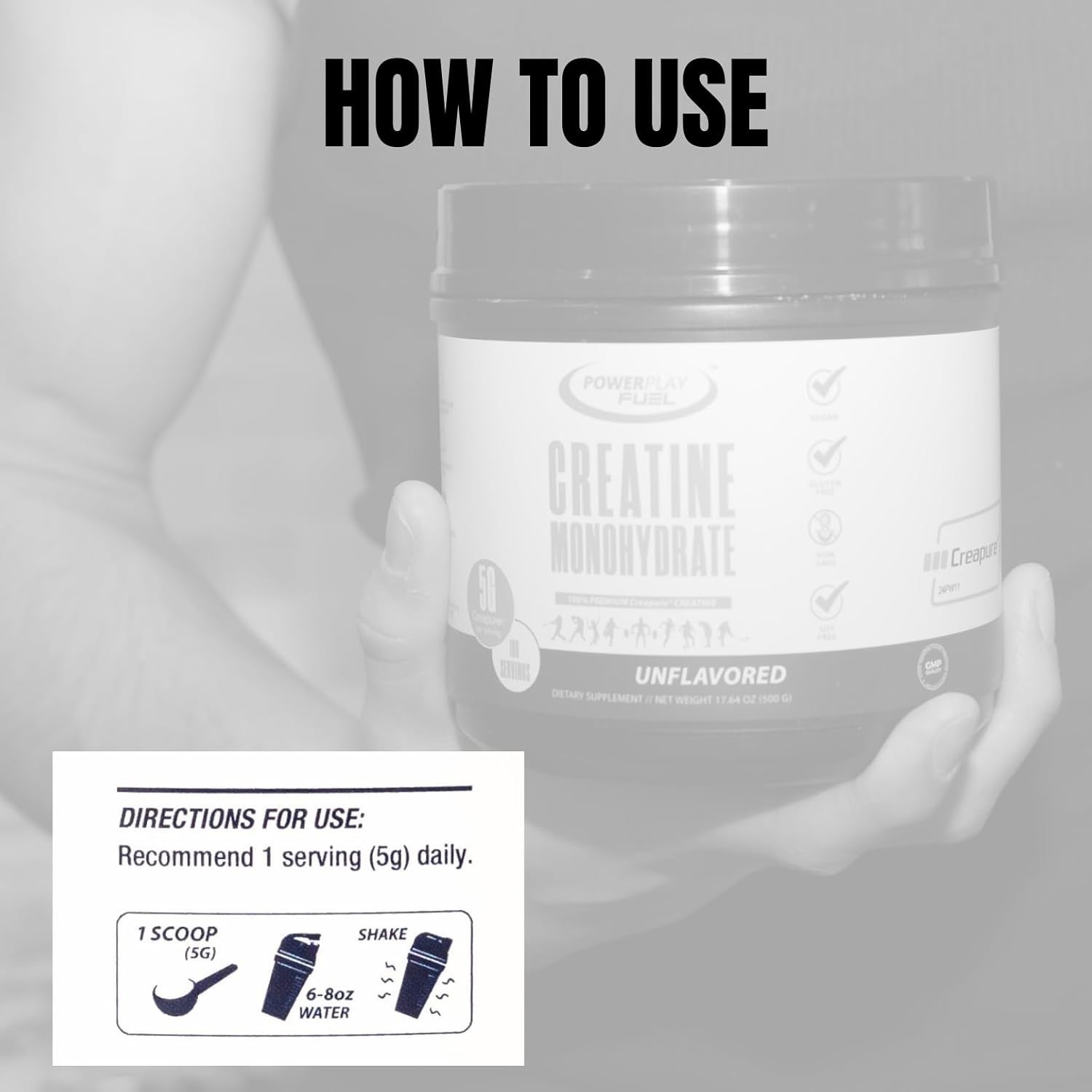 Power Play Fuel CREATINE Monohydrate Powder, Non-GMO, Vegan – Unflavored – 250g