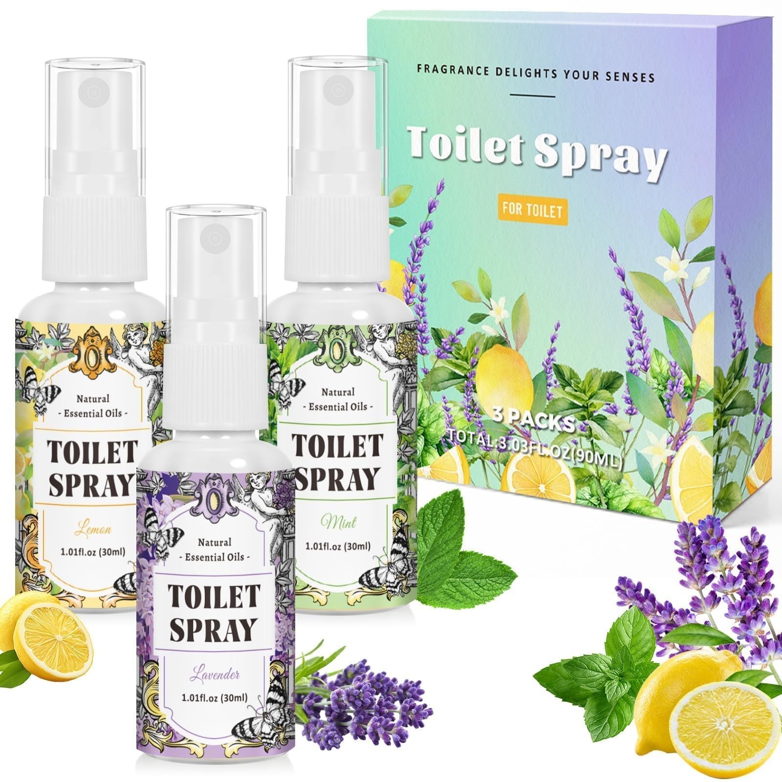 STRN Toilet Spray, 3-Pack Lemon, Mint & Lavender Natural Scent, Portable Inst…