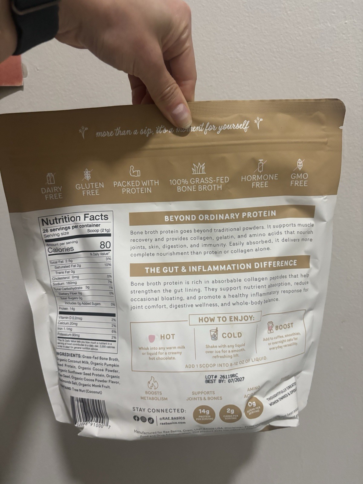 Rae Basics Bone Broth Protein Powder Chocolate 19.2 oz 26 Serv Keto GF