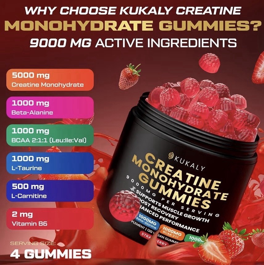 KUKALY Creatine Monohydrate Gummies 120ct Strawberry 5000mg Sugar Free Vegan