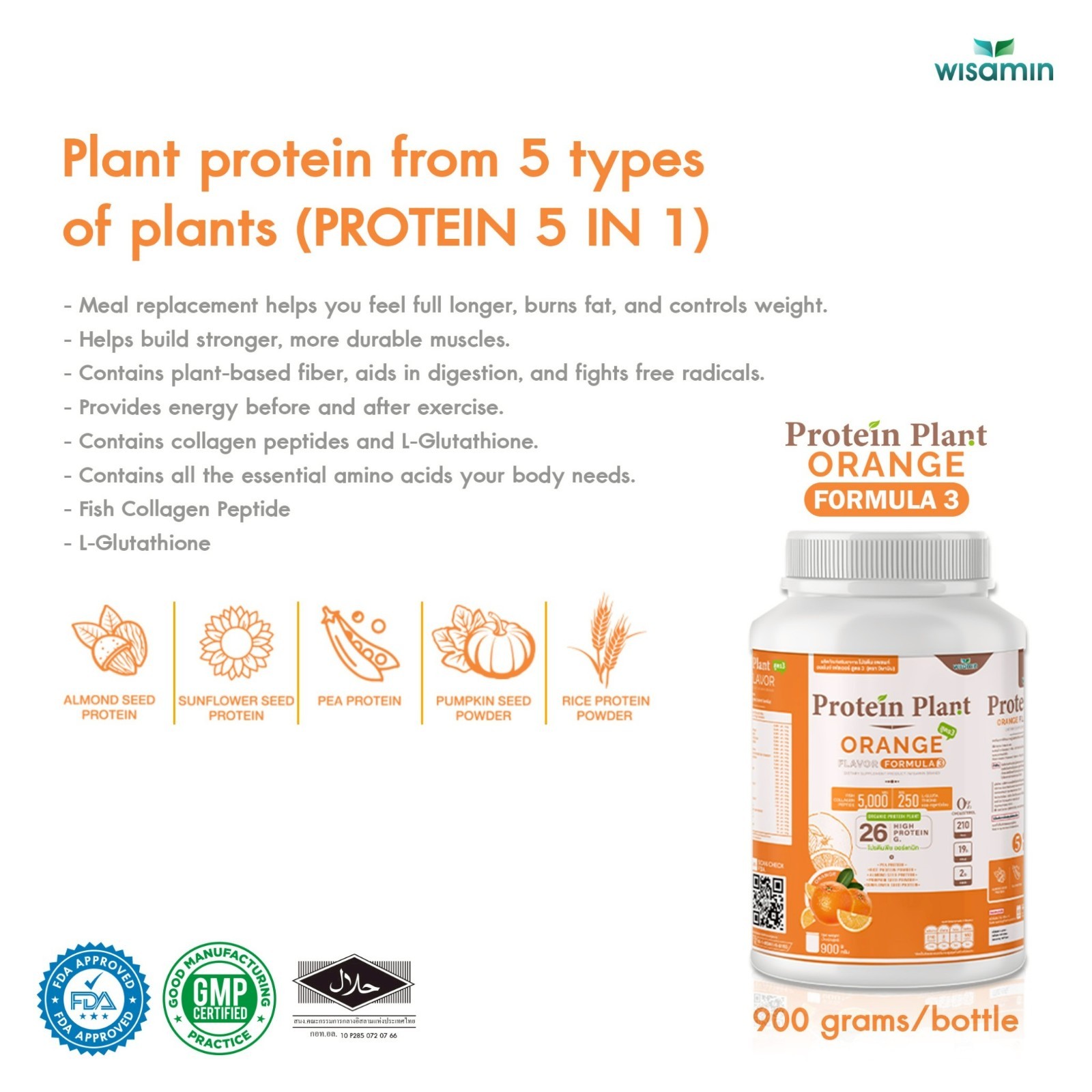 WISAMIN Plant Protein Orange Flavor F3 | 900g 2LB | Organic, Gluten-Free Non-GMO