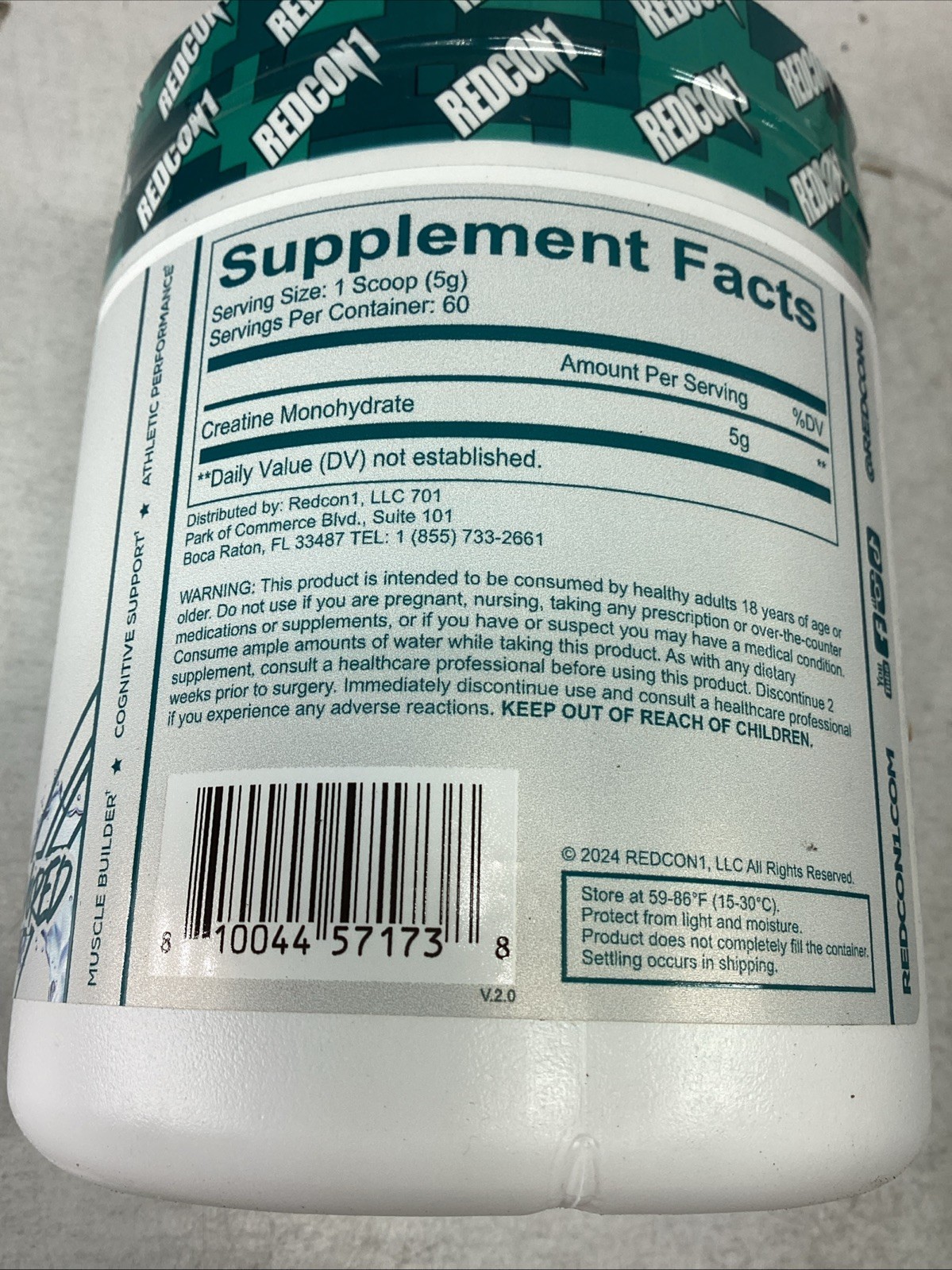 Redcon1 Creatine Monohydrate 5g Unflavored Powder 10.58oz/300g Exp 01/2028