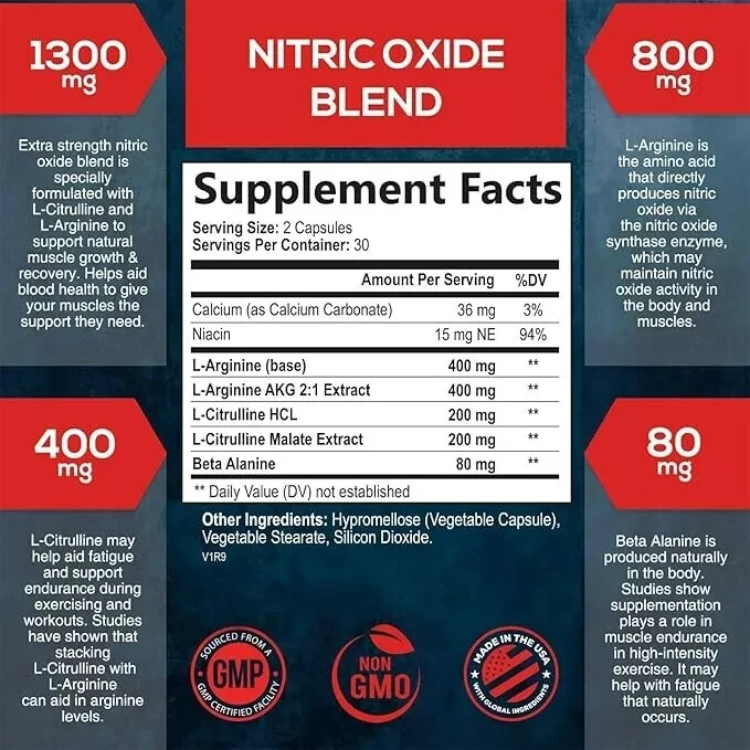 Oxido Nitrico y L-arginina Extra Fuerte Para Aumentar La Energia Muscular 60 Ct