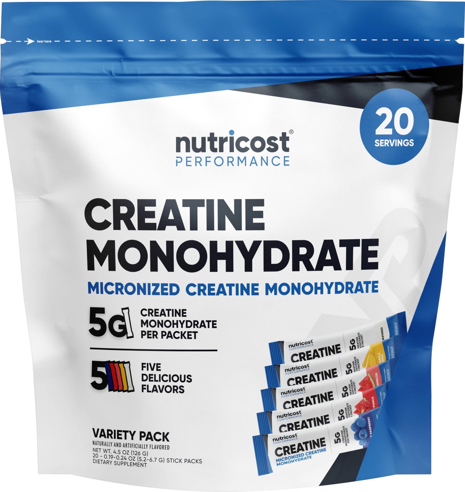 Creatine Monohydrate Powder Stickpacks – 20 Servings, 5 Flavors, Micronized, 5g