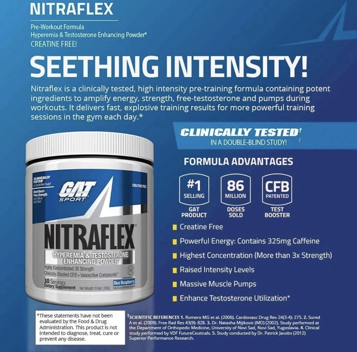 Nitraflex Pre Workout Supplement Blue Raspberry 30 Servings with Nitrosigine