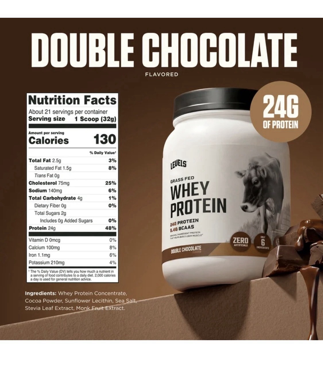 Levels Grass Fed Whey Protein Powder Zero Artificials Double Chocolate
