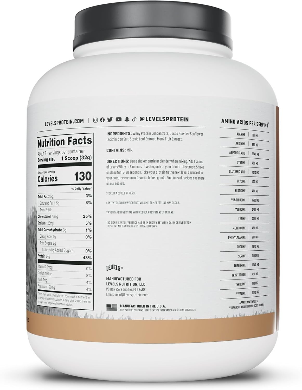 Levels Grass Fed Whey Protein Powder Pure Chocolate 5LB 24G Protein No Sugar