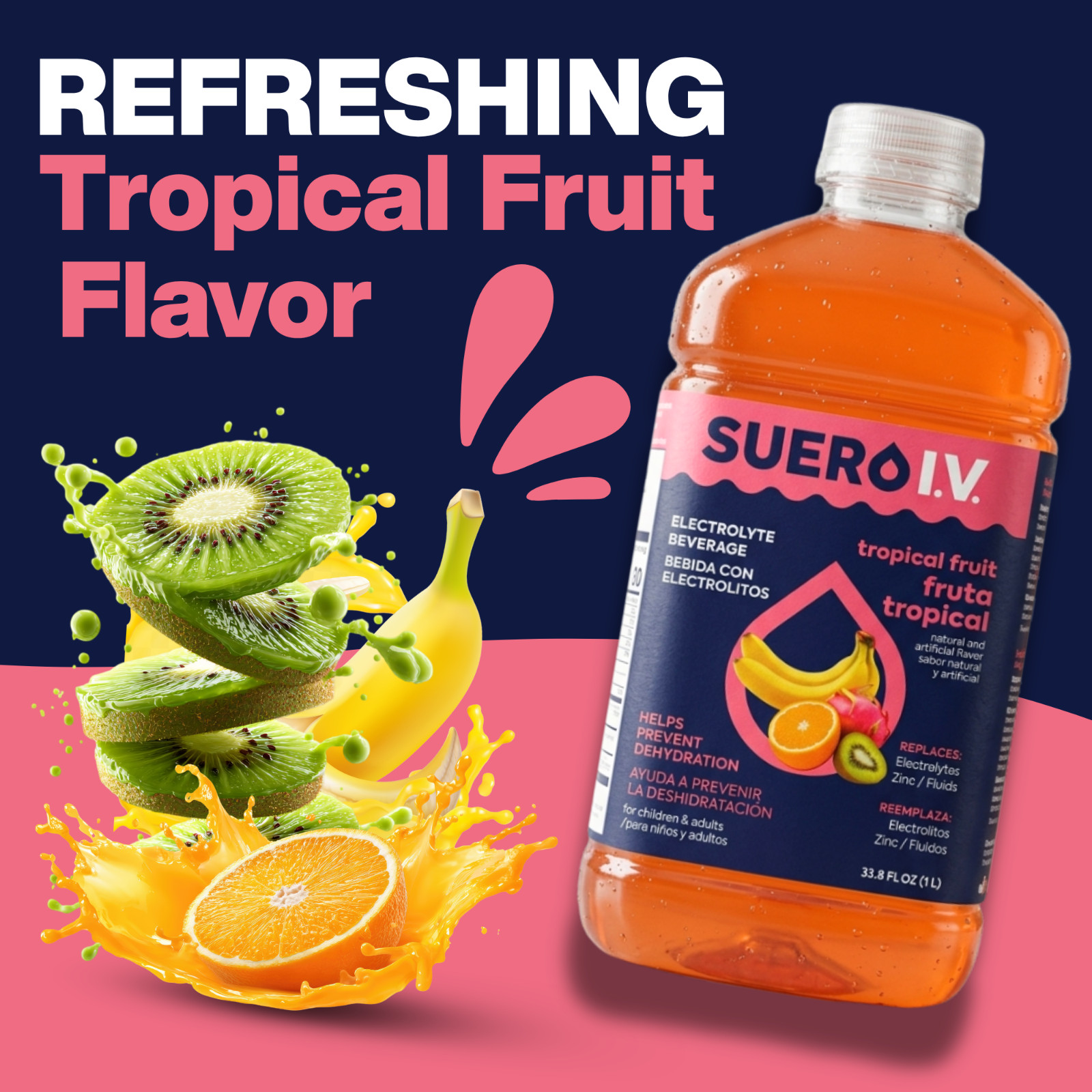Suero I.V. Electrolyte Drink, Tropical Fruit Flavor 33.8 fl oz -Hydrate (3-Pack)
