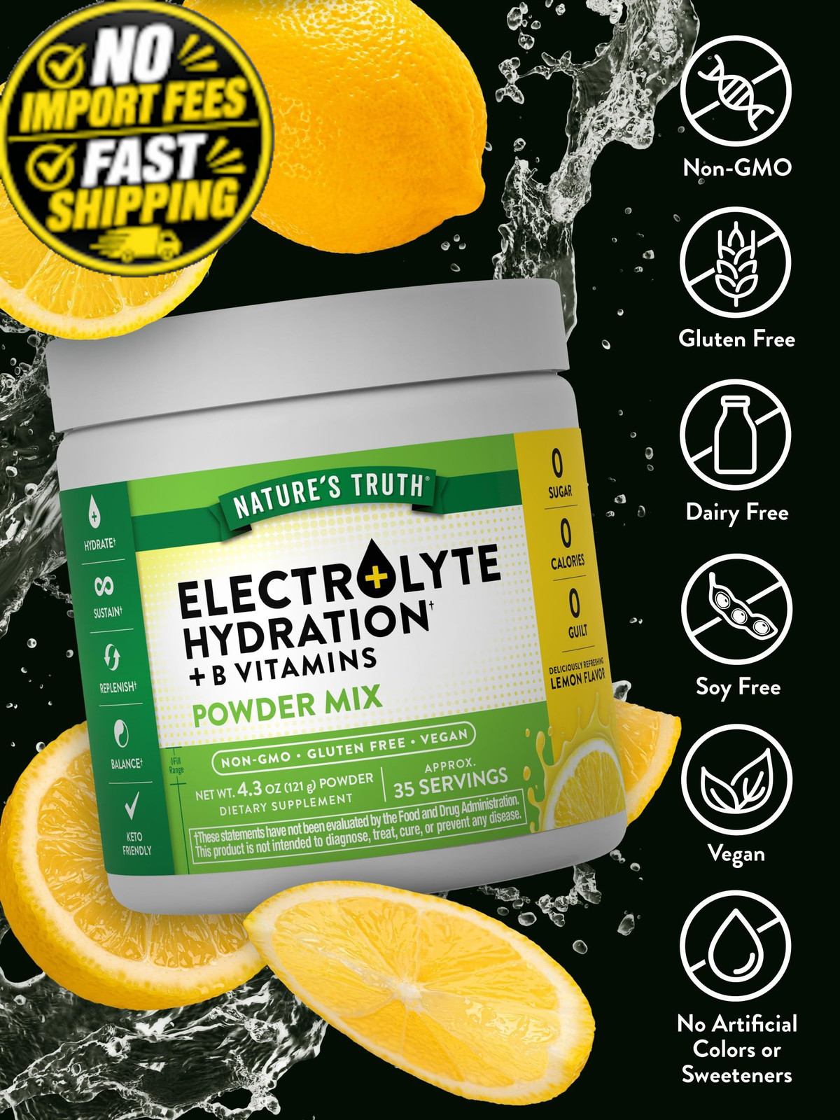Nature’s Truth Electrolytes Powder | No Sugar | with B 4.3 Ounce (Pack of 1)