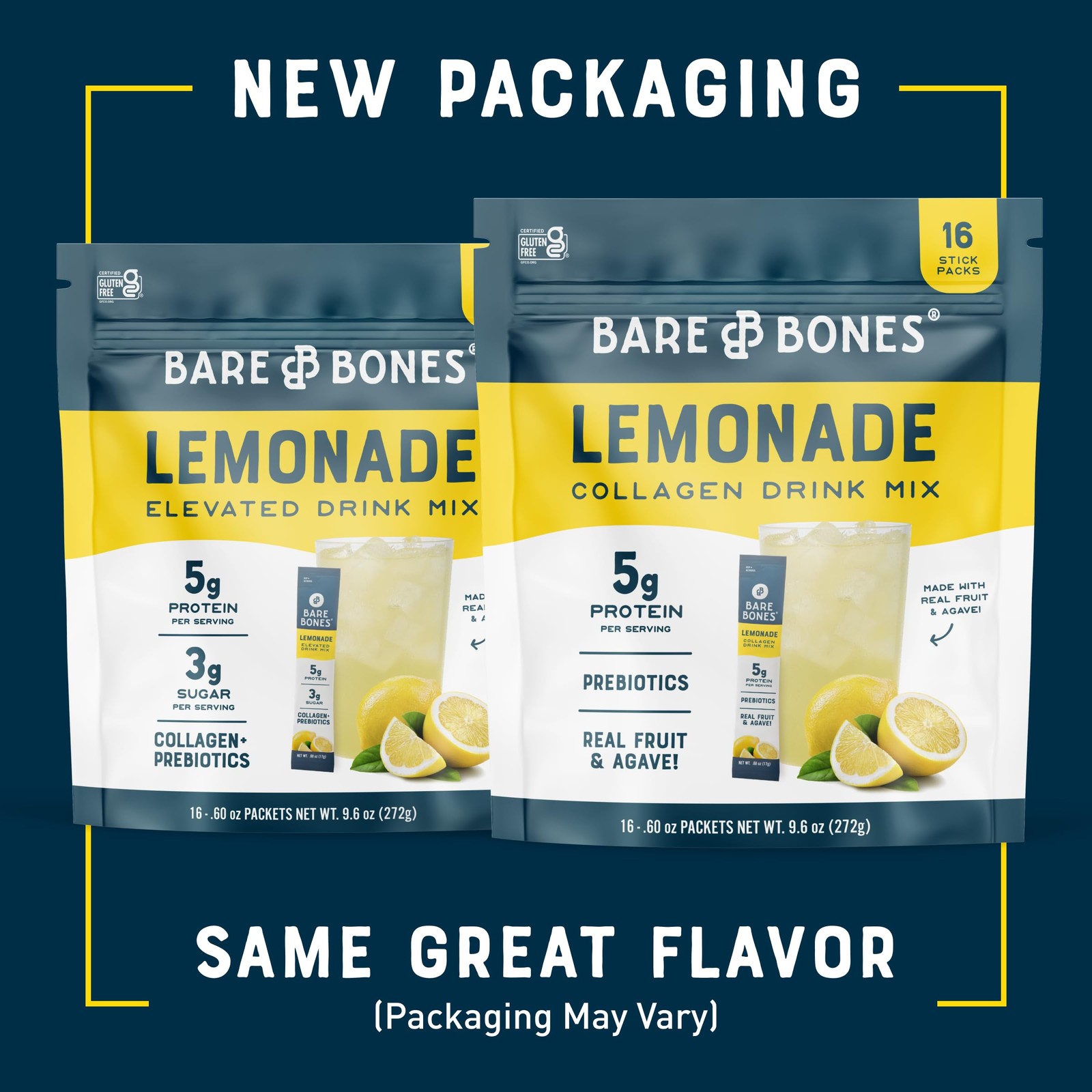 Bare Bones Lemonade Collagen Peptides Powder Drink Mix Packets | 5g Protein