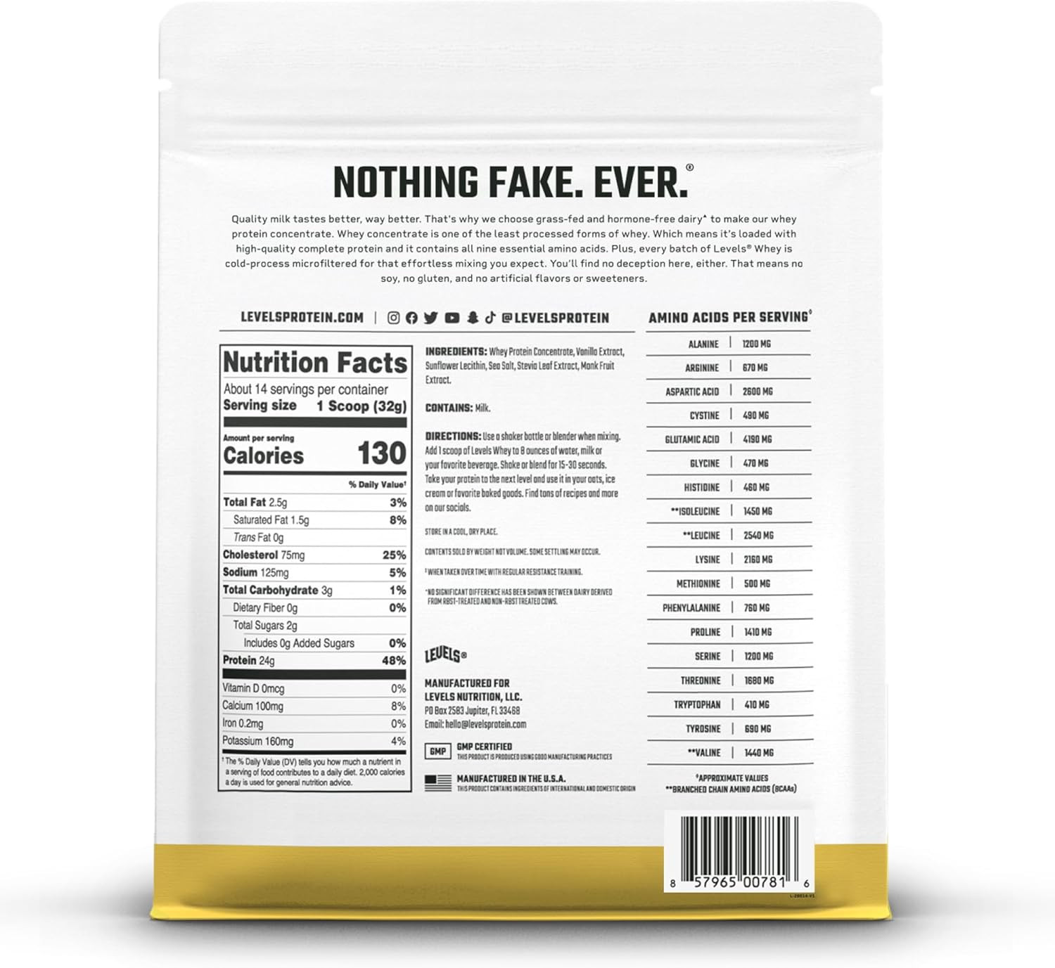 Levels Grass Fed Whey Protein Powder, No Artificials, 24G of Protein, Vanilla Be