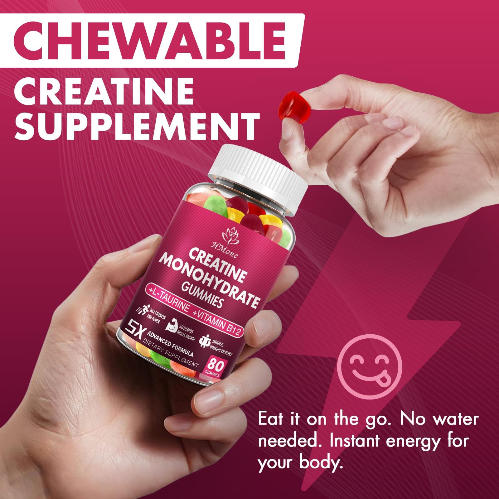 HMone Creatine Monohydrate Gummies – 5g for Men & Women, 80 Count (Pack of 2)