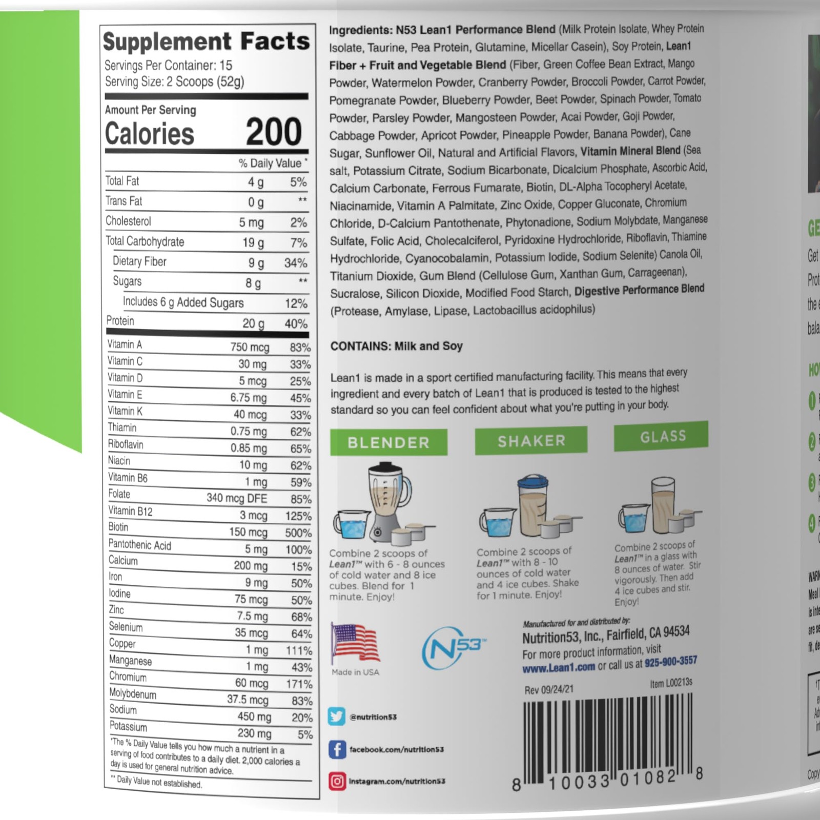 Lean1 Vanilla Meal Replacement Protein Shake Powder 15 Servings Weight Loss