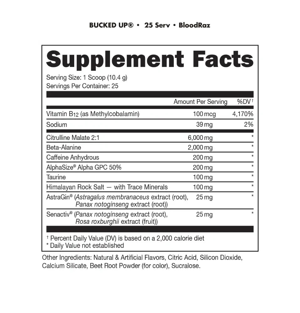 BUCKED UP PRE-WORKOUT Pump Focus Energy Growth 20 Srv Blood Raz