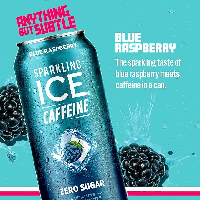 Sparkling Ice Caffeine Blue Raspberry Sparkling Water with Caffeine, Zero Sugar