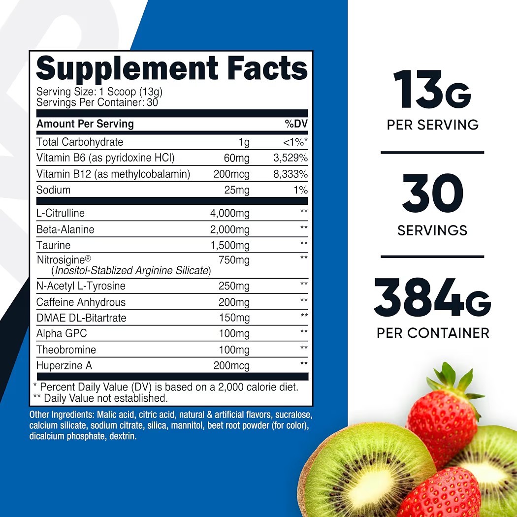 Nutricost Pre-Workout Complex Powder (Strawberry Kiwi) 30 Serivings