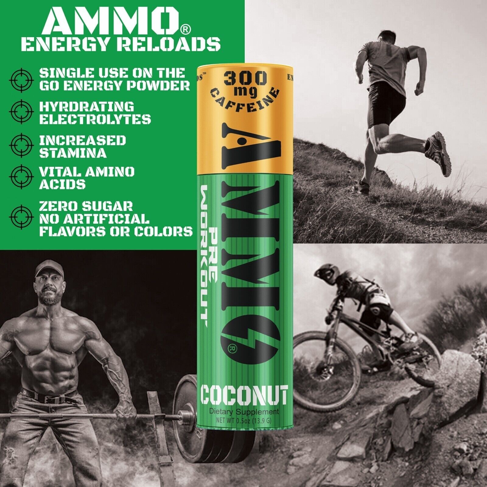 AmmoShots Energy drink powder Coconut 12ct pre workout 300mg Caffeine Zero Sugar