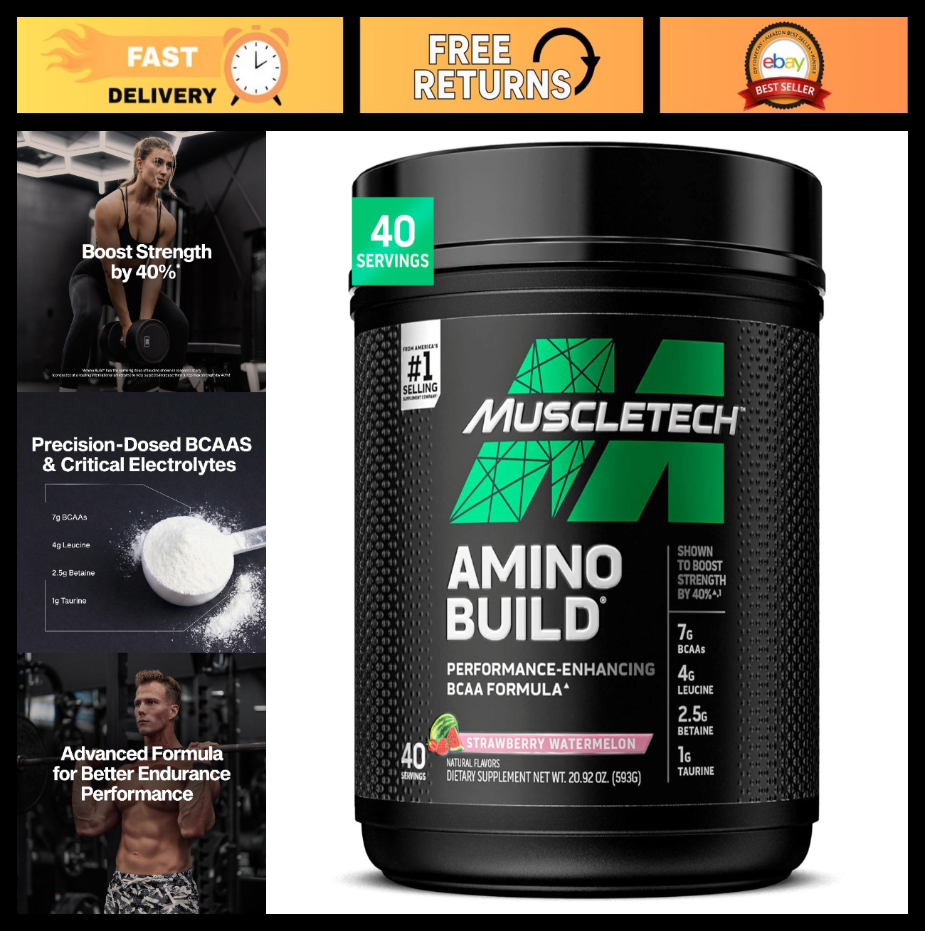 BCAA Amino Acids + Electrolyte Powder – 7g BCAAs, Build Lean Muscle, Boost Endur
