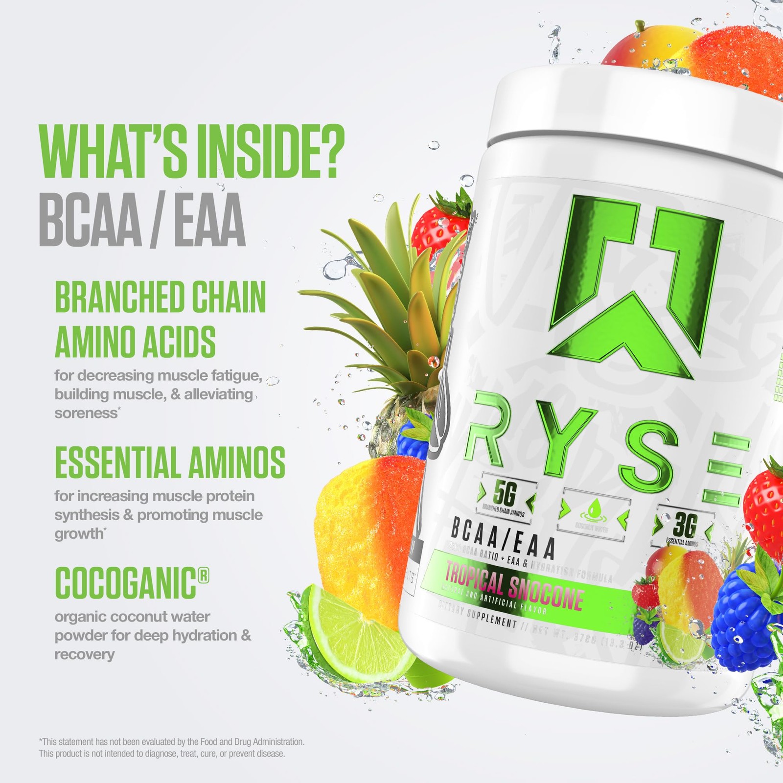 BCAA EAA Muscle Recovery Supplement Coconut Water Hydration Sugar Free 11oz