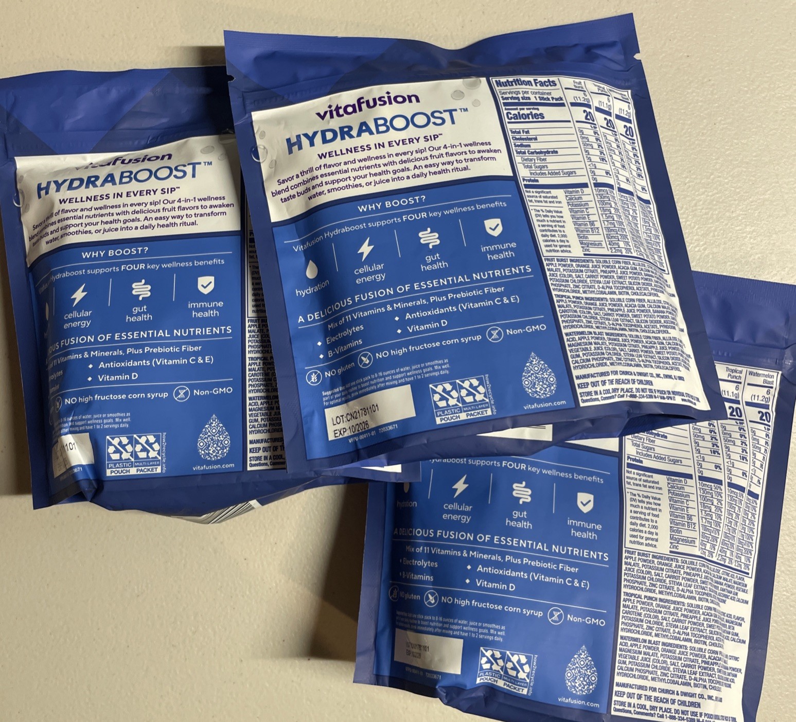 Vitafusion HydraBoost Wellness Blend Drink Mix Variety Pack 18 Sticks X3 Bags