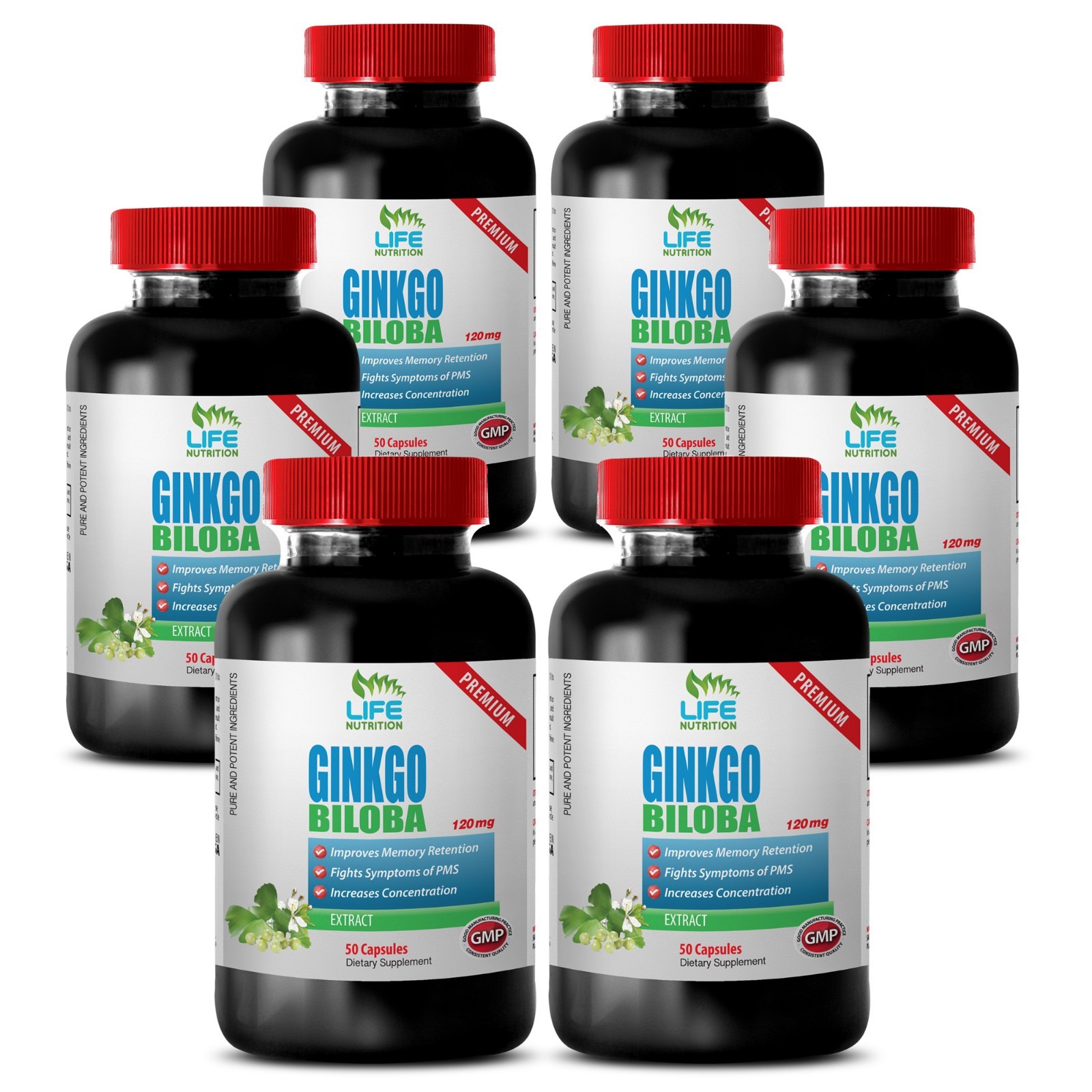 Ginkgo Biloba Extract 120mg .Improves Memory ( 6 Bottle 300 Capsules )