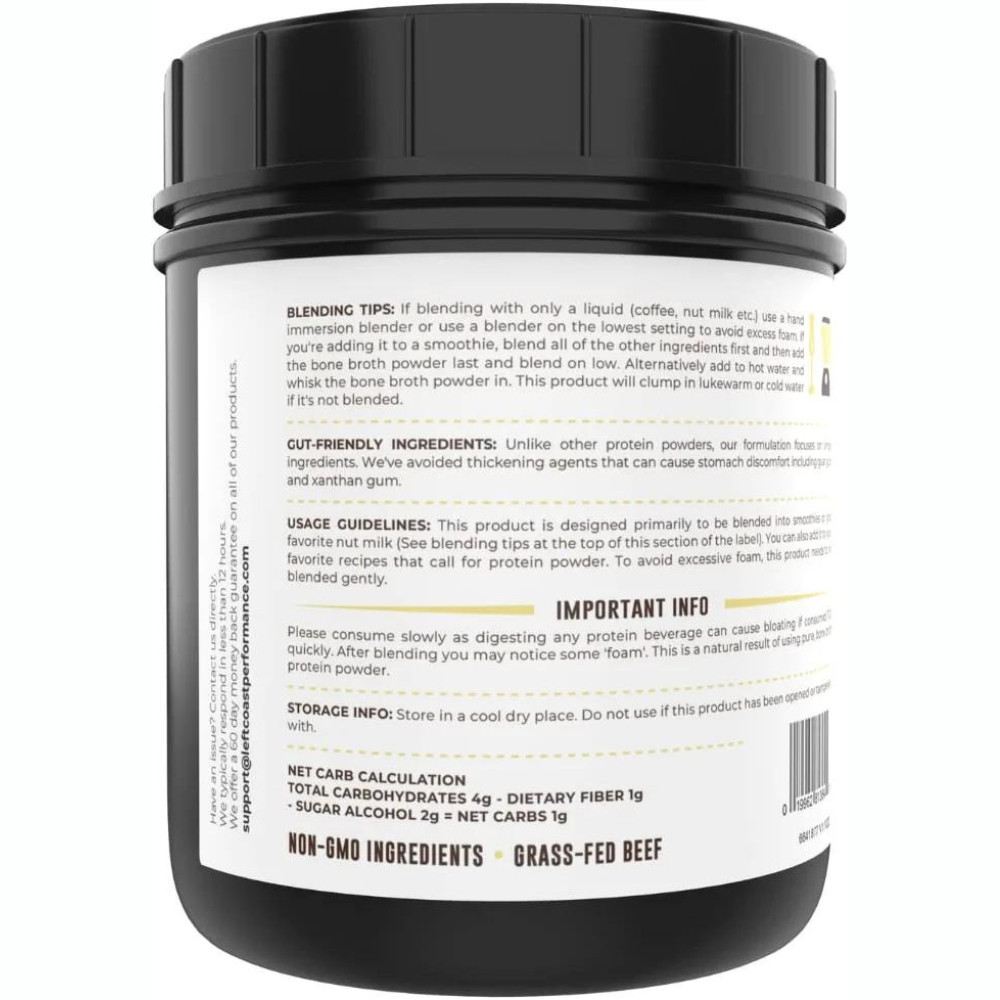 Left Coast Performance Bone Broth Protein Powder, Vanilla Grass Fed Non-GMO 16oz