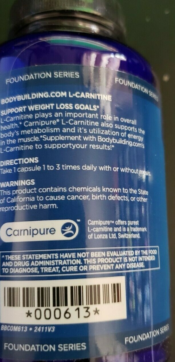 Bodybuilding.com – L-Carnitine – 180 Capsules – Fat burner/Recover – Exp 3/2025