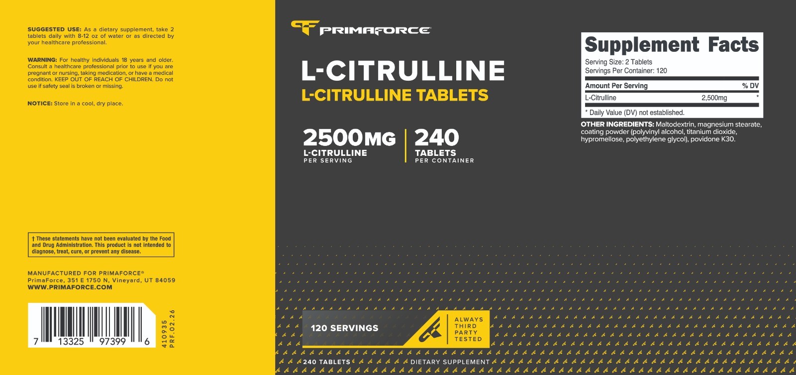 PrimaForce L-Citrulline 2500mg, 240 Tablets, 120 Servings