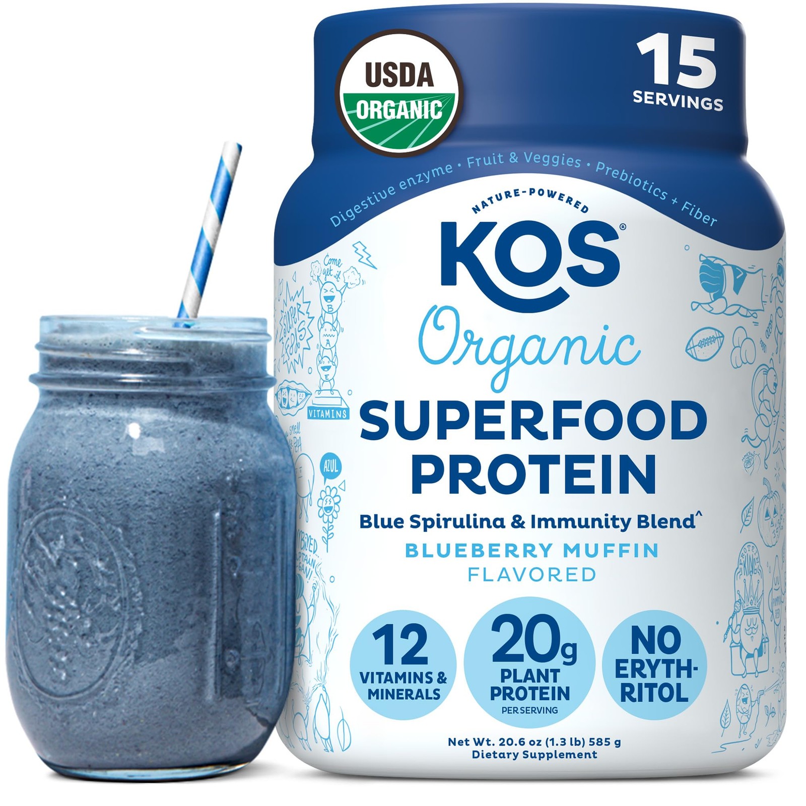 KOS Organic Plant Based Protein Powder – Blueberry Muffin Pea Superfood 15 Servi