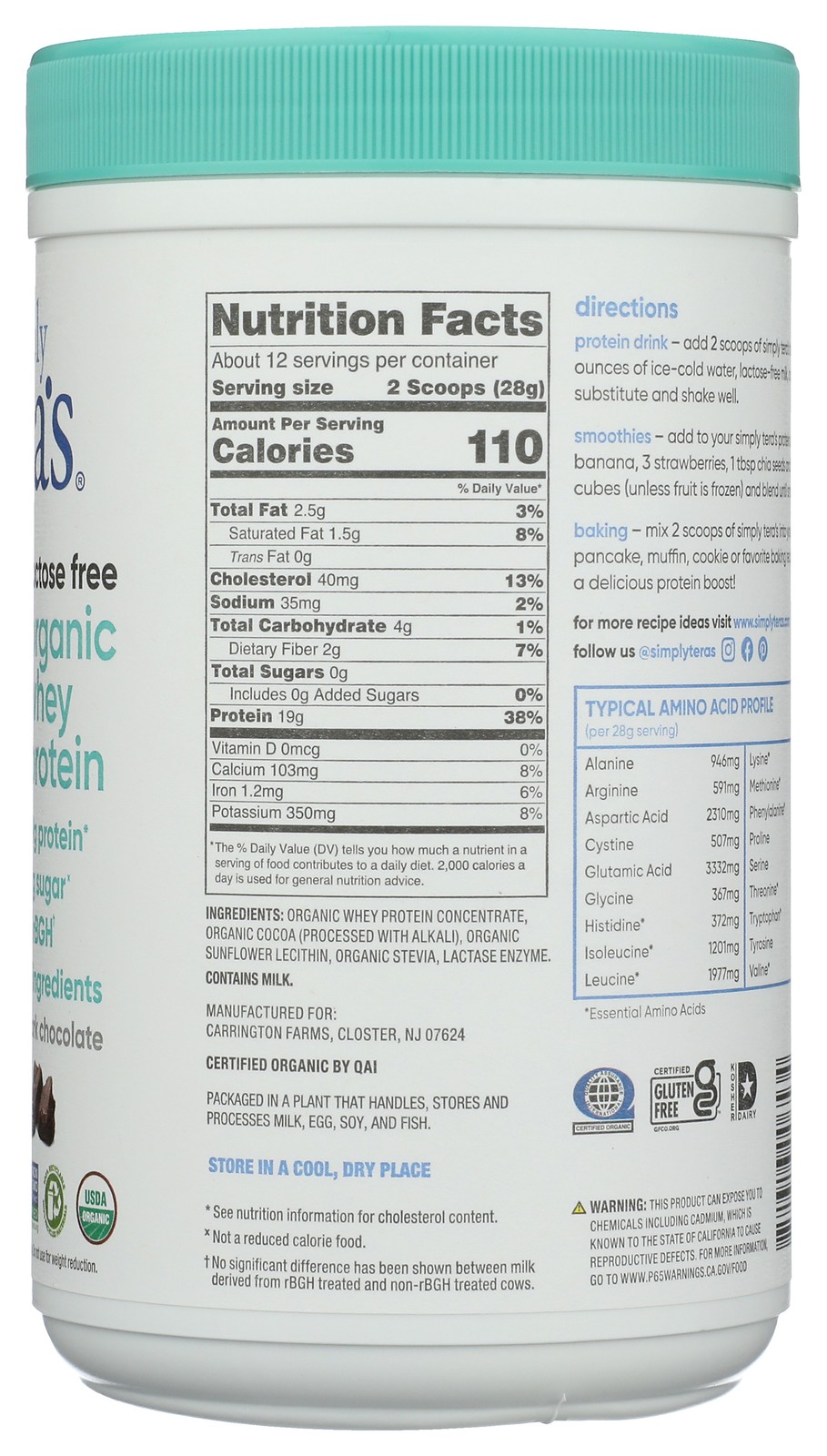 Simply Tera’S Organic Dark Chocolate Whey Protein 12 Oz 1 Pack