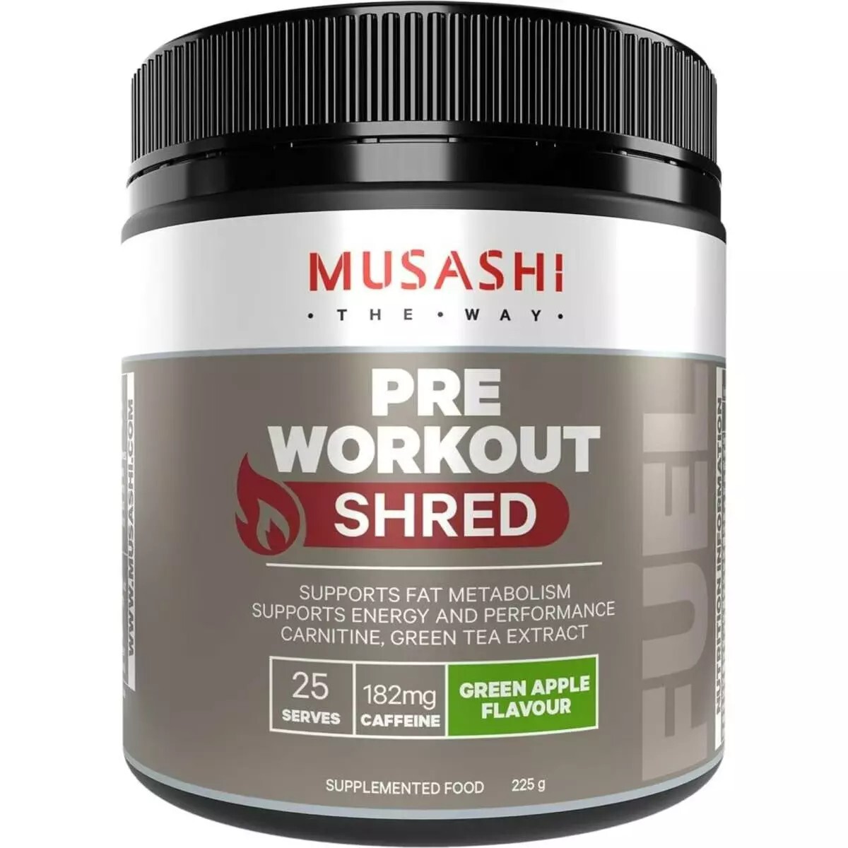 New Musashi Pre Workout Shred Green Apple Flavour 225g PreWorkout 25 Serves