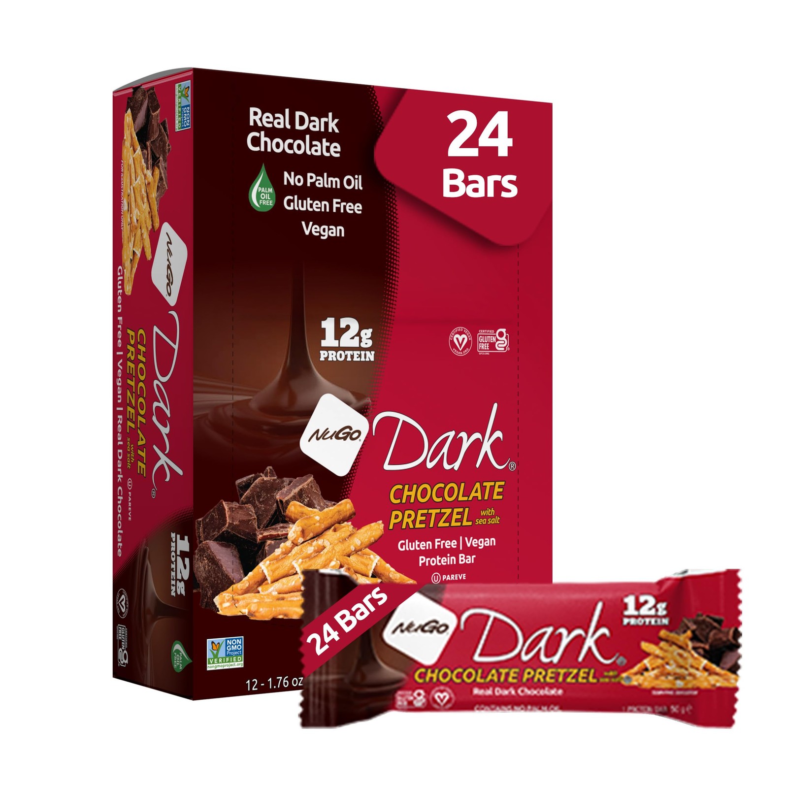 Nugo Dark Chocolate Pretzel Sea Salt 12G Protein Bar Vegan Gluten Non-Gmo