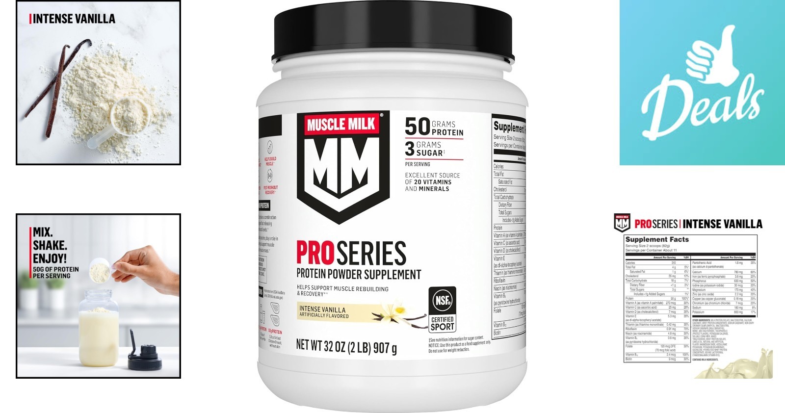 Pro Series Protein Powder, Intense Vanilla, 50g Protein, NSF Certified, 2 LB