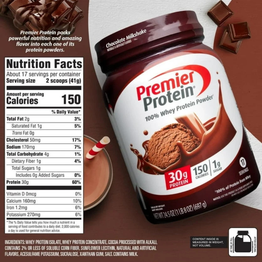 Premier Protein 100% Whey Protein Powder, Chocolate Milkshake, 30g Protein, 24.5