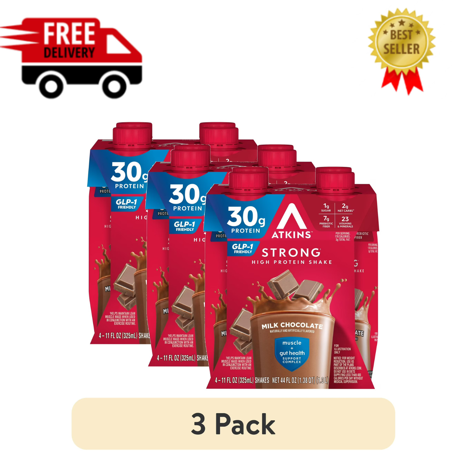 Atkins Strong, High Protein Shake, Milk Chocolate, 30g of Protein, 4 Count, 3 PK