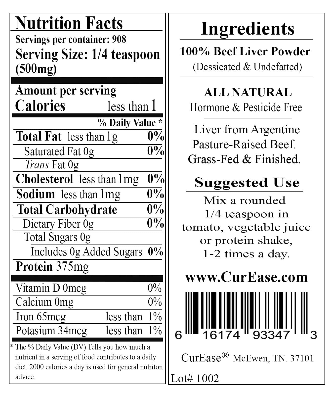 CurEase Argentine Grass Feed Beef Liver Powder Undefatted 1 Pound (Pack of 1)