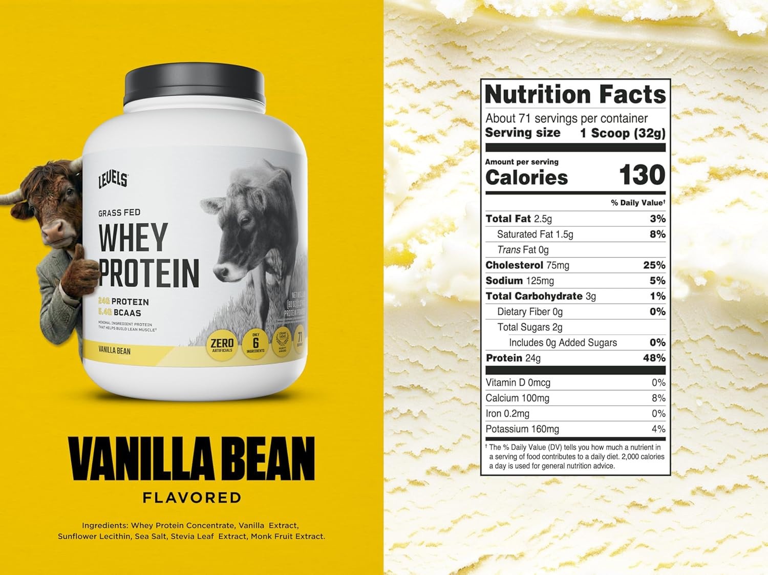 Levels Grass Fed Whey Protein Powder, 24G of Protein, Vanilla Bean, 5LB
