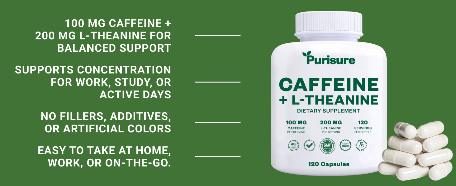 Purisure Caffeine Theanine Capsules, 100mg Caffeine + 200mg L-Theanine, 120 Days