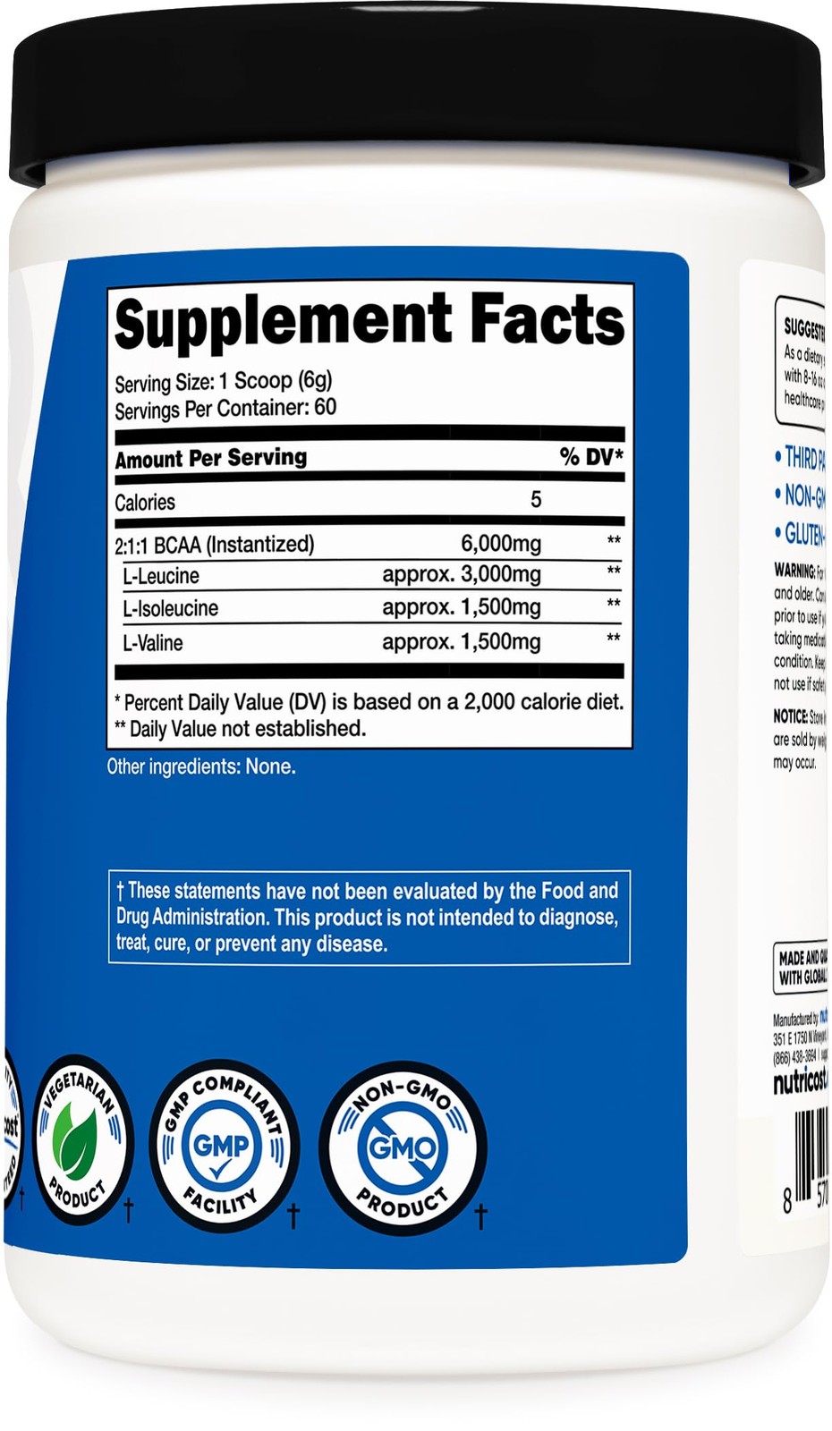 Nutricost BCAA Powder 2:1:1 (Unflavored, 60 Servings) 12.9 Ounce (Pack of 1)