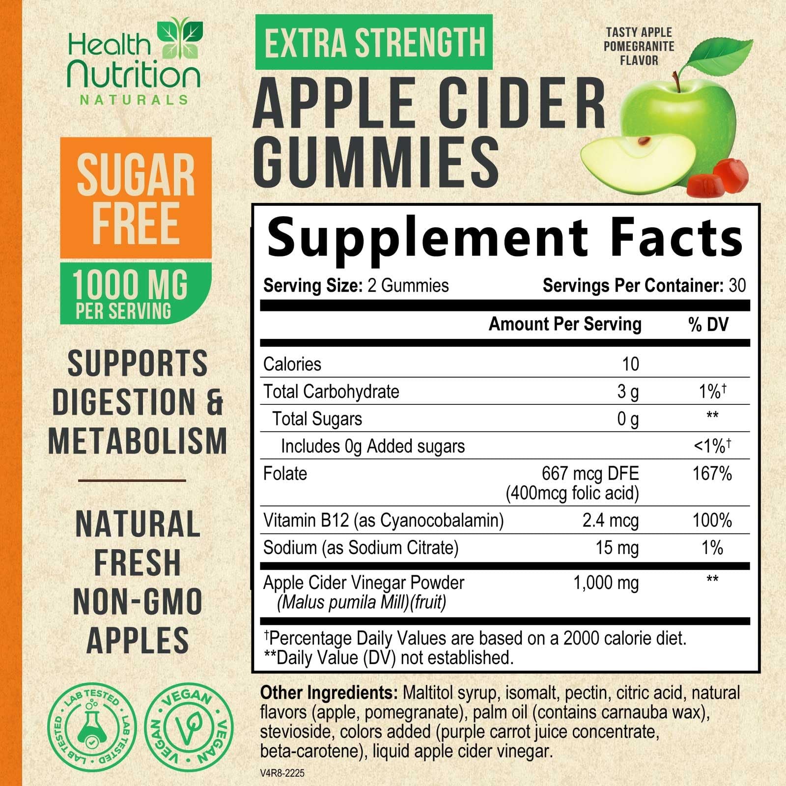 Apple Cider Vinegar Gummies Zero Sugar – Max Strength 60 Count (Pack of 1)