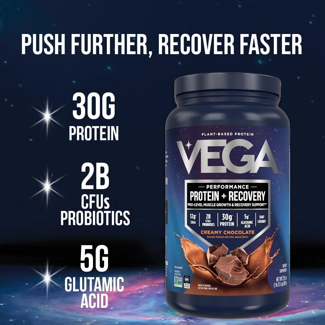 Vega Sport Vegan Protein Powder + Recovery, Chocolate, 29.5oz/1.84lbs/837g Jar