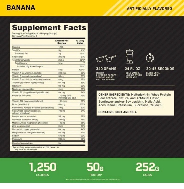 Optimum Nutrition Serious Mass Weight Gainer Protein Powder Banana. 6lb. 8/27