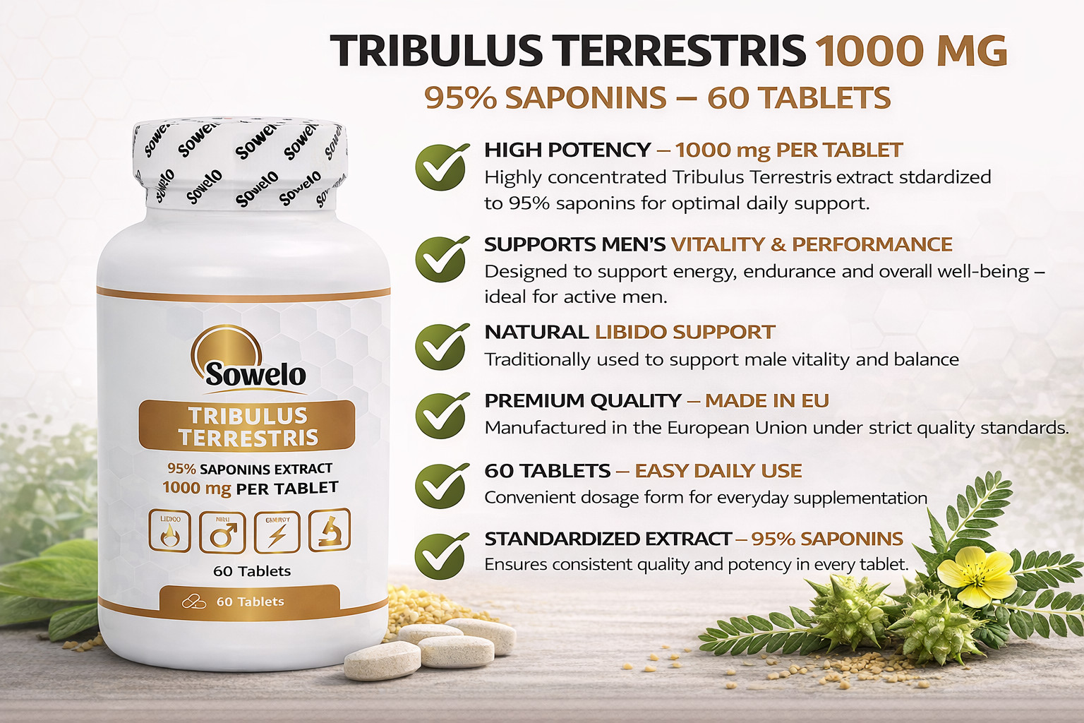 Tribulus Terrestris 1000 mg – 95% Saponins – Tablets – Men’s Vitality, Energy