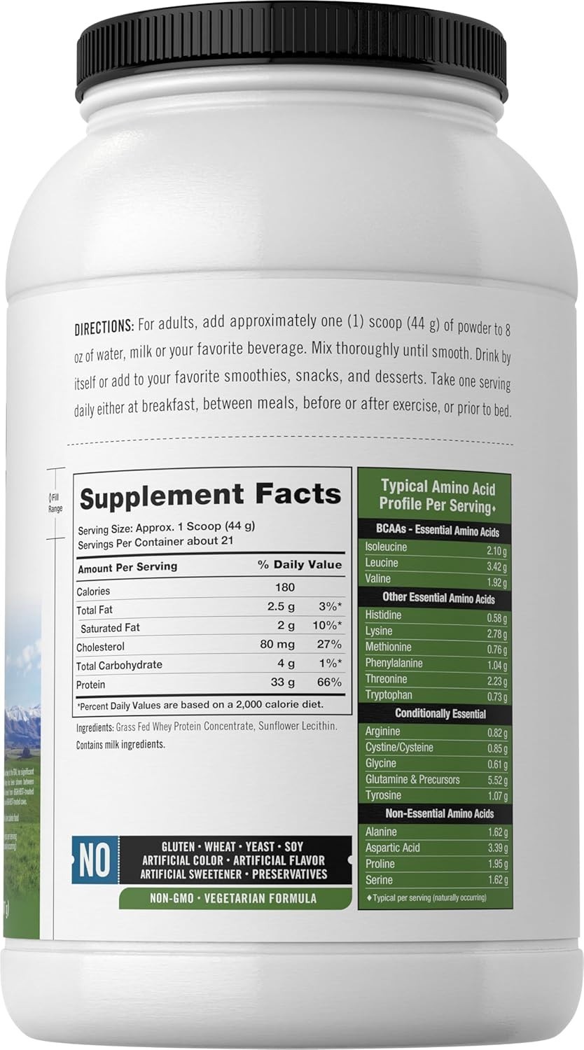 Grass Fed Whey Protein Powder 2lb Unflavored 33g Protein Non-GMO Gluten Free