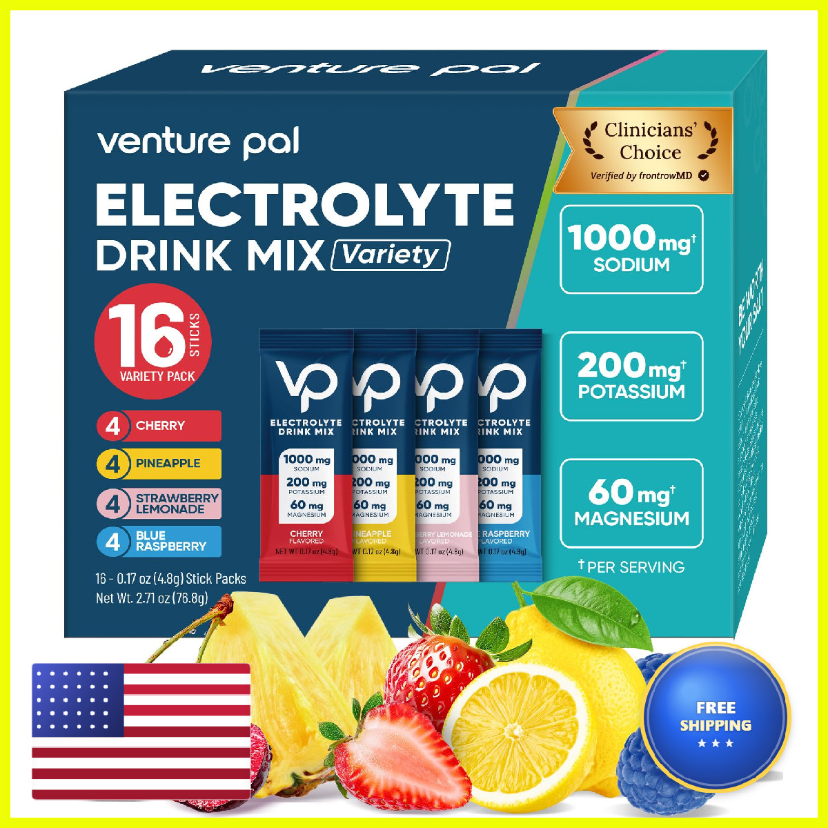 Venture Pal High Sodium Sugar Electrolytes Powder Packet Zero Calories