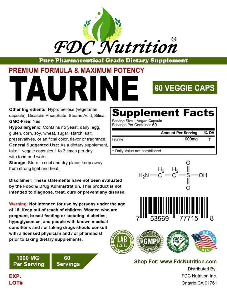TWO PACKS FDC NUTRITION Taurine 1000mg, 60 Capsules – Gluten Free & Non-GMO